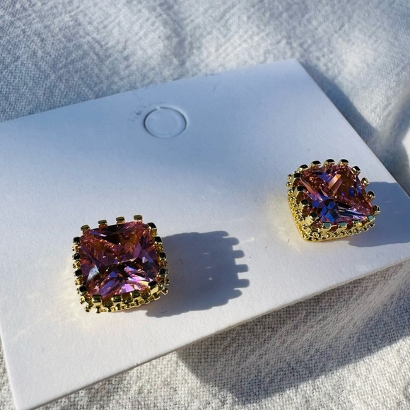 Simulated Pink Sapphire Princess Cut CZ Studs - Picture 6 of 10